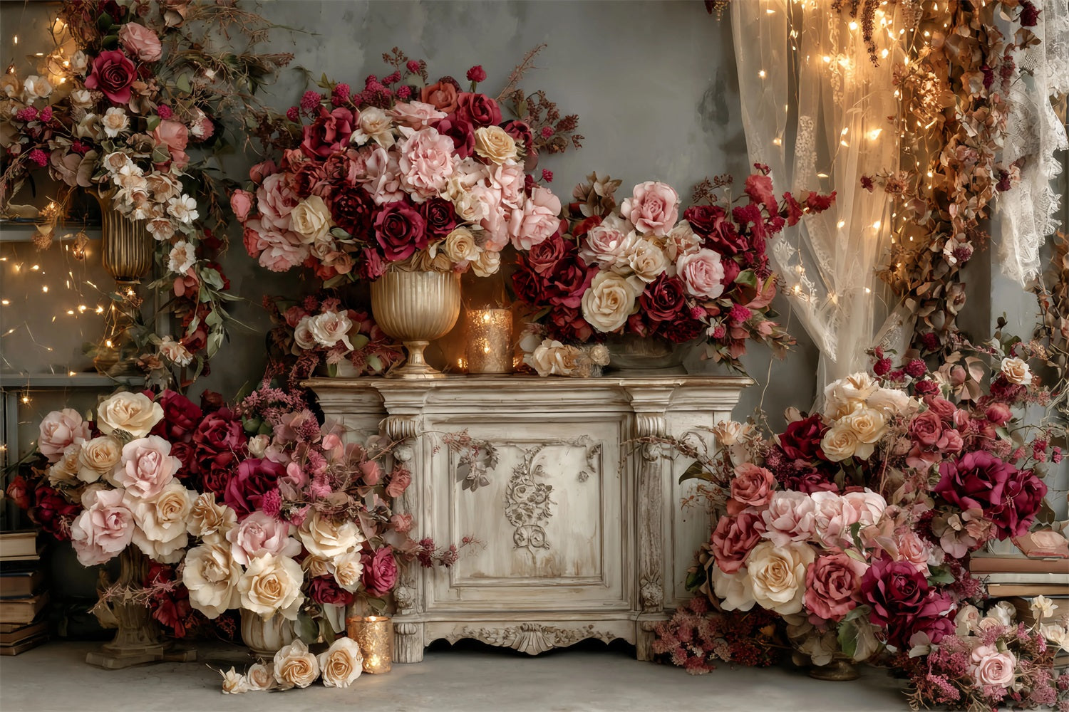 Wedding Vintage Backdrop Vintage Burgundy Rose Arrangement Wedding Backdrops UK TWW59-36