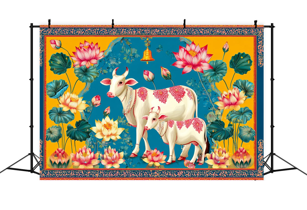 Wedding Indian Backdrop Lotus Cows Colorful Illustration Wedding Backdrops UK TWW59-40