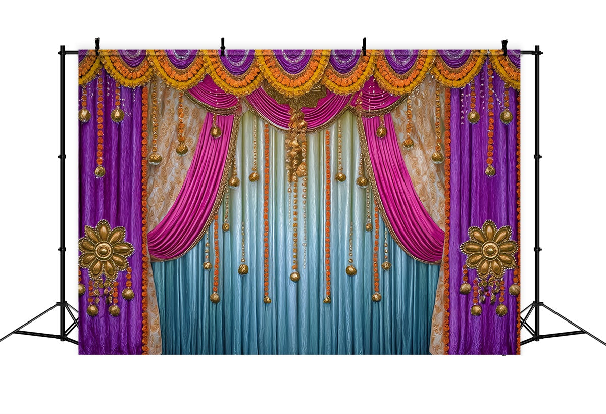 Wedding Indian Backdrop Golden Purple Draped Curtains Wedding Backdrop UK TWW59-41