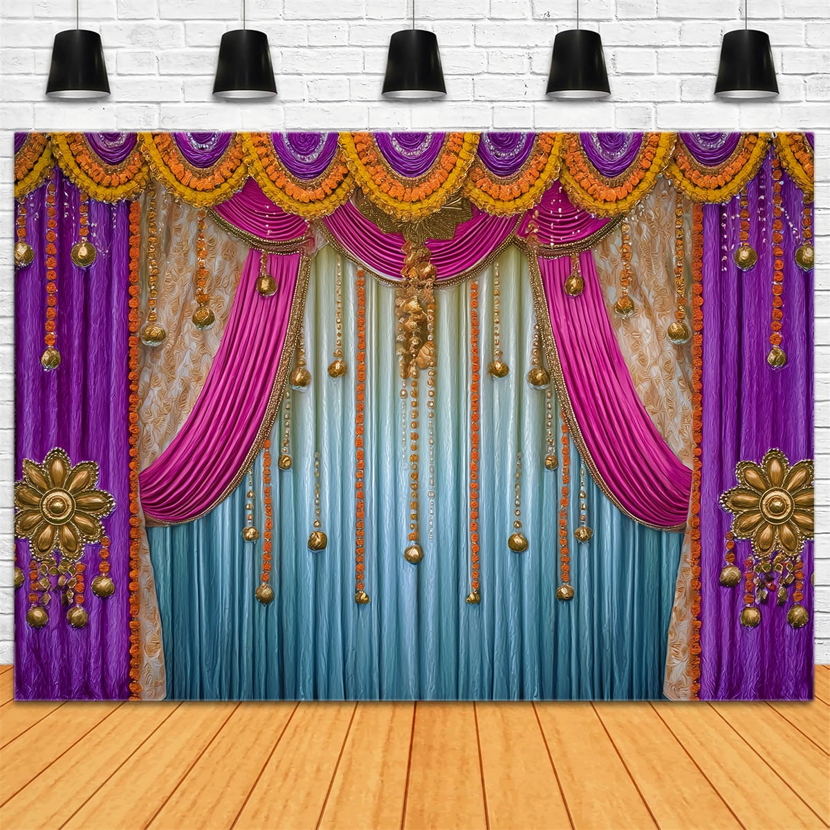 Wedding Indian Backdrop Golden Purple Draped Curtains Wedding Backdrop UK TWW59-41
