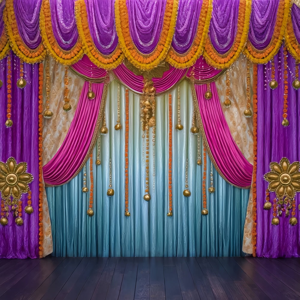 Wedding Indian Backdrop Golden Purple Draped Curtains Wedding Backdrop UK TWW59-41