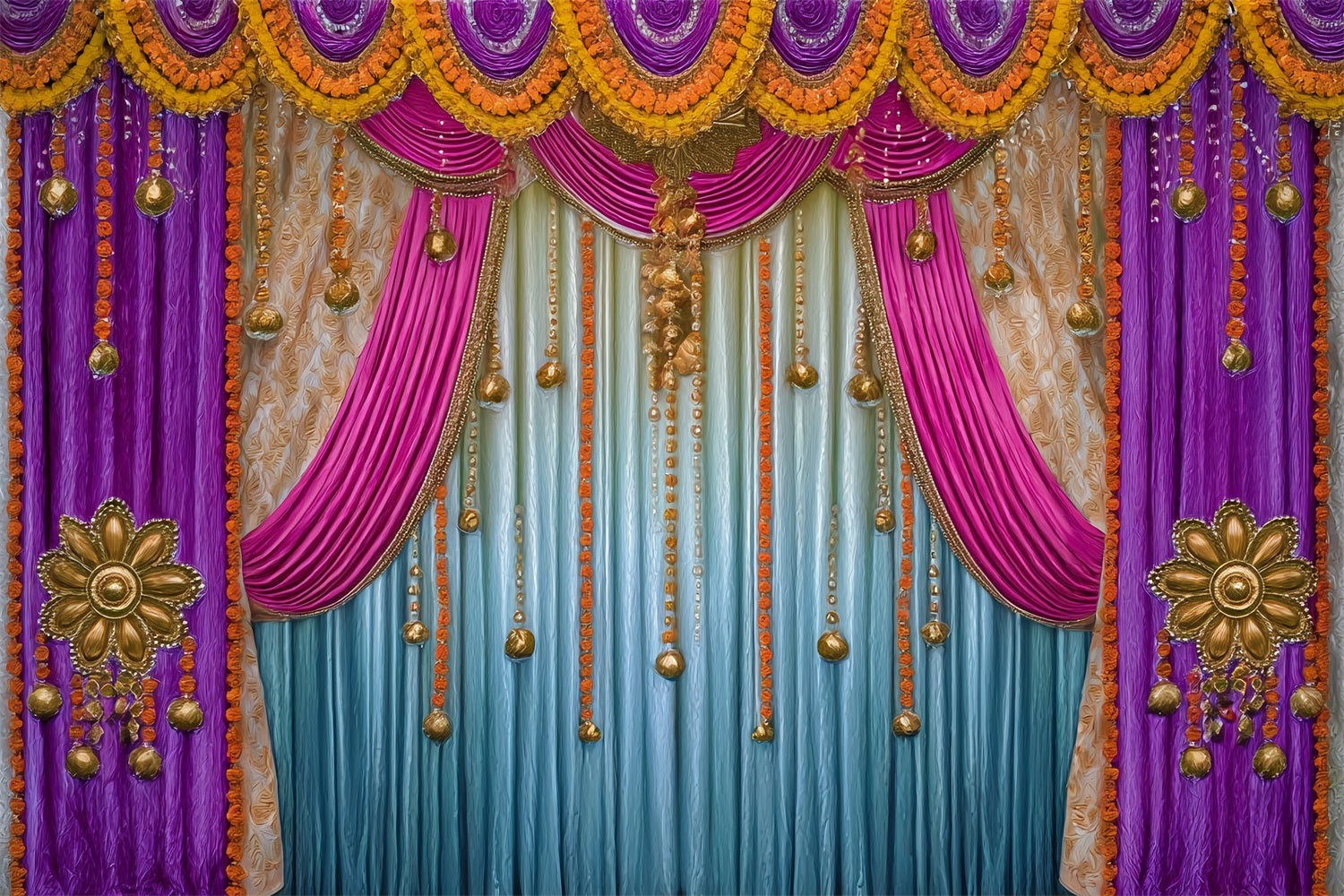 Wedding Indian Backdrop Golden Purple Draped Curtains Wedding Backdrop UK TWW59-41