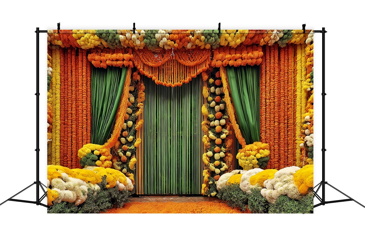 Wedding Indian Backdrop Vibrant Marigold Floral Curtains Vintage Wedding Backdrop UK TWW59-46