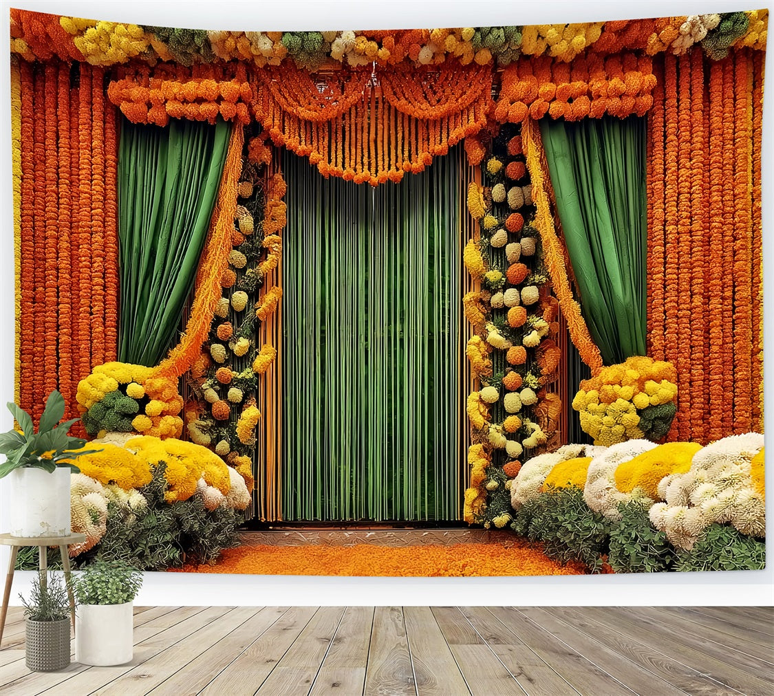 Wedding Indian Backdrop Vibrant Marigold Floral Curtains Vintage Wedding Backdrop UK TWW59-46