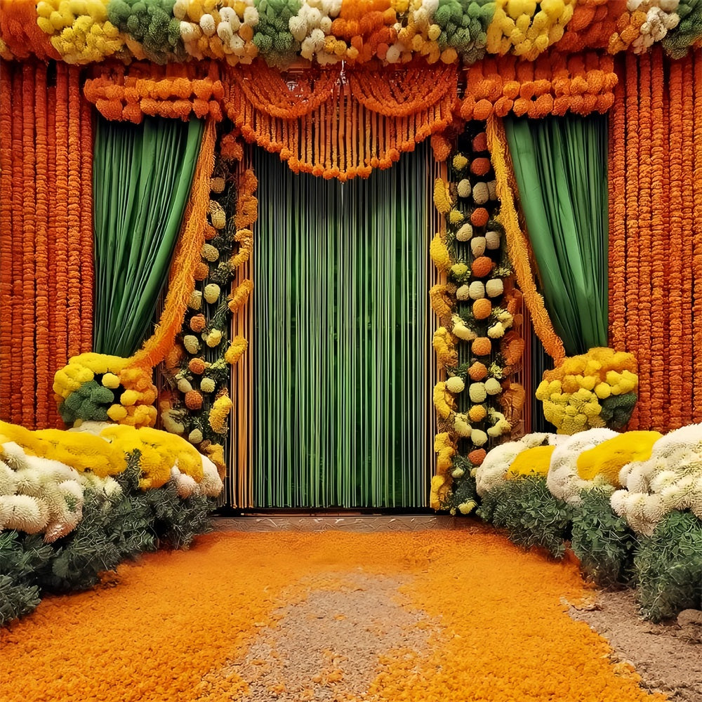 Wedding Indian Backdrop Vibrant Marigold Floral Curtains Vintage Wedding Backdrop UK TWW59-46