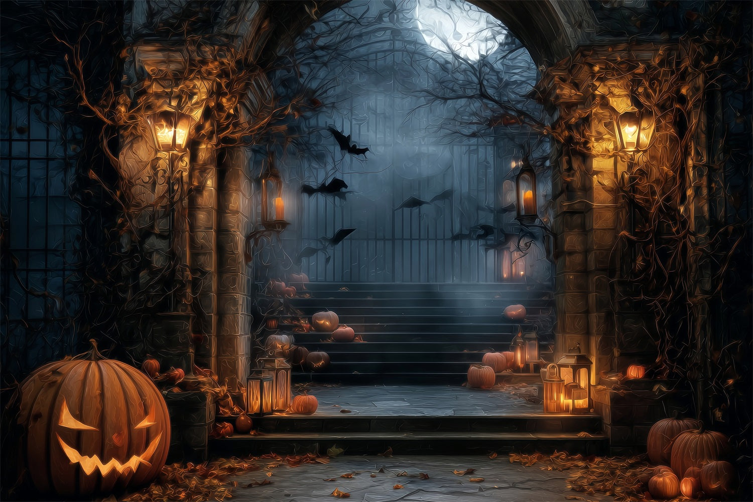 Halloween Haunted Forest Backdrop Spooky Gate Lantern Pumpkins Halloween Backdrop UK TWW59-64