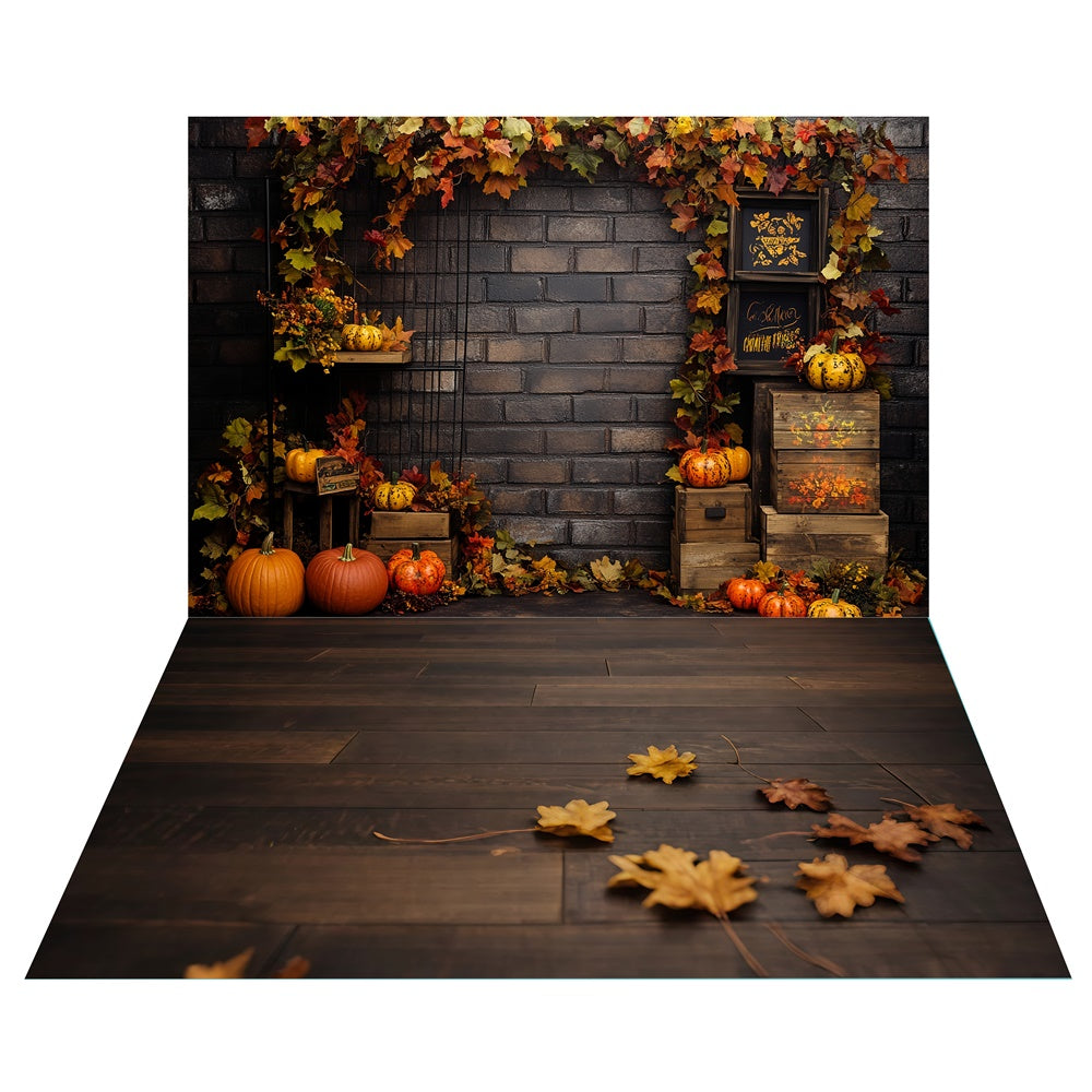 Autumn Harvest Brick Backdrop+Rustic Leaf Floor Backdrop UK TWW6-82