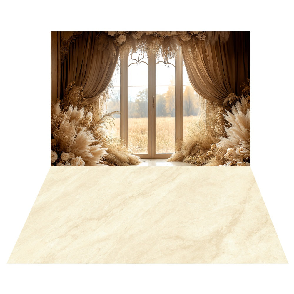 Golden Drape Window Backdrop+Soft Beige Floor Backdrop UK TWW6-85