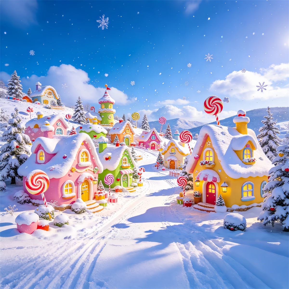 Christmas Village Backdrops Snow Pastel Candy Cottage Christmas Photo Backdrop UK ZTT610-1