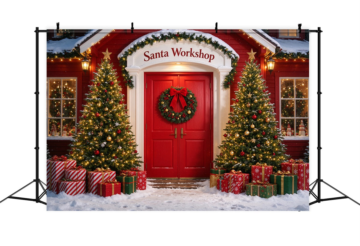 Santa's Workshop Backdrop Snowy House Door Entrance Christmas Red Backdrop UK ZTT610-10