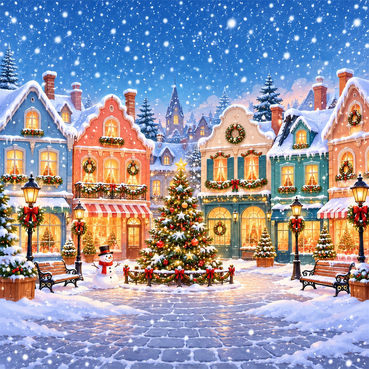 Christmas Town Backdrops Snowy Pastel Village Square Christmas Picture Backdrop UK ZTT610-17