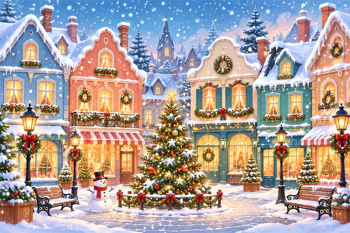 Christmas Town Backdrops Snowy Pastel Village Square Christmas Picture Backdrop UK ZTT610-17