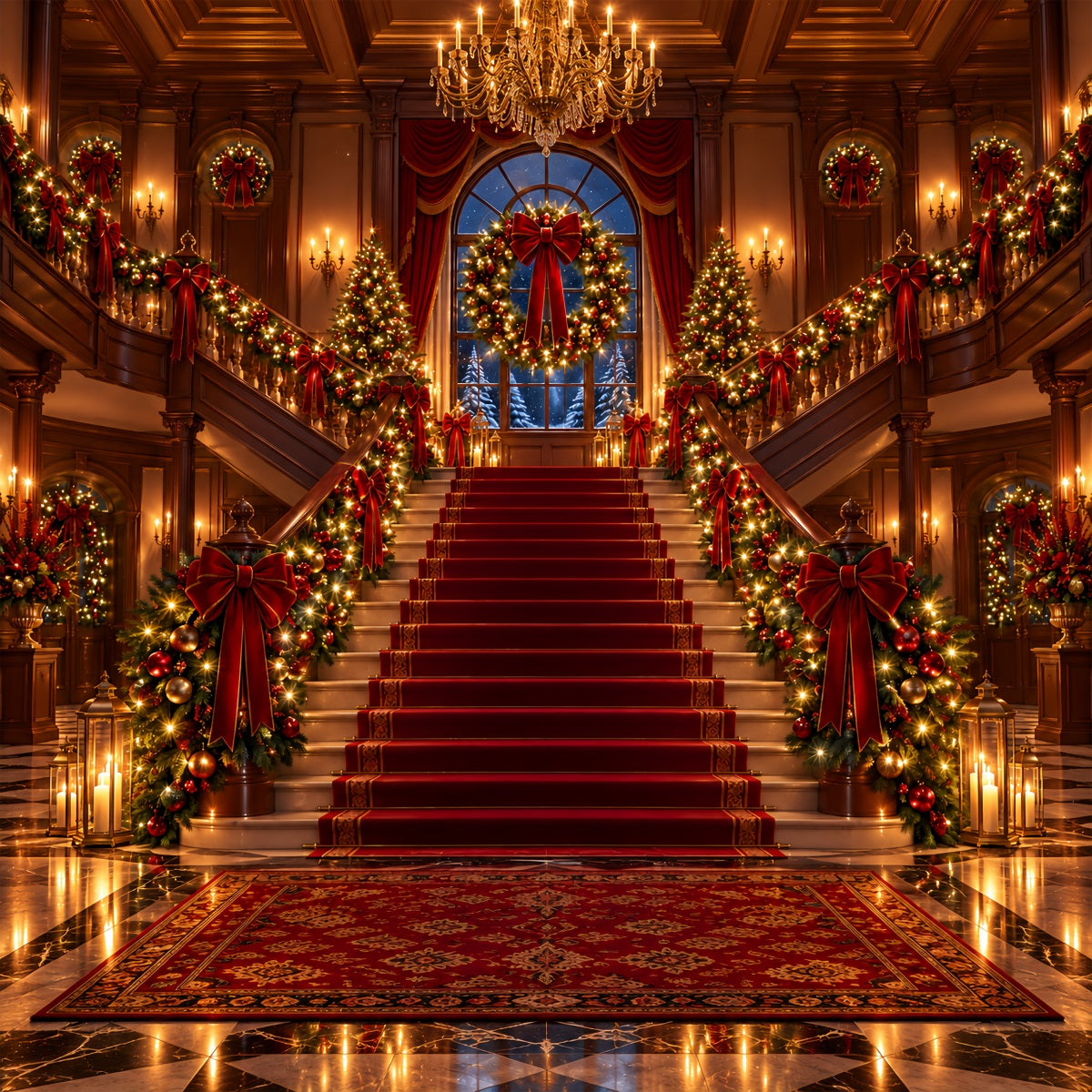Christmas Scene Backdrop Ornate Red Carpet Staircase Christmas Staircase Backdrop UK ZTT610-25