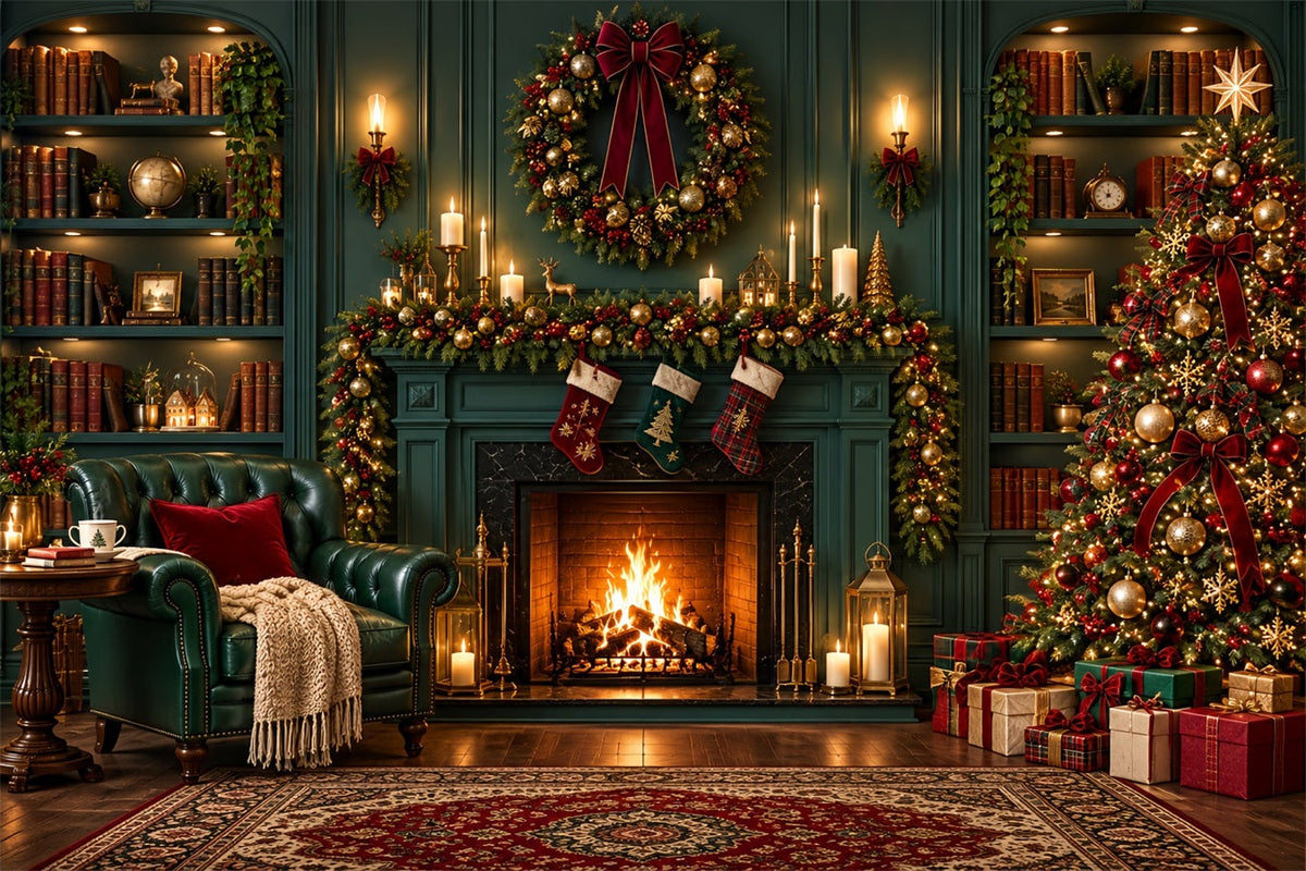 Christmas Fireplace Backdrops Vintage Emerald Library Stockings Christmas Scene Backdrop UK ZTT610-30
