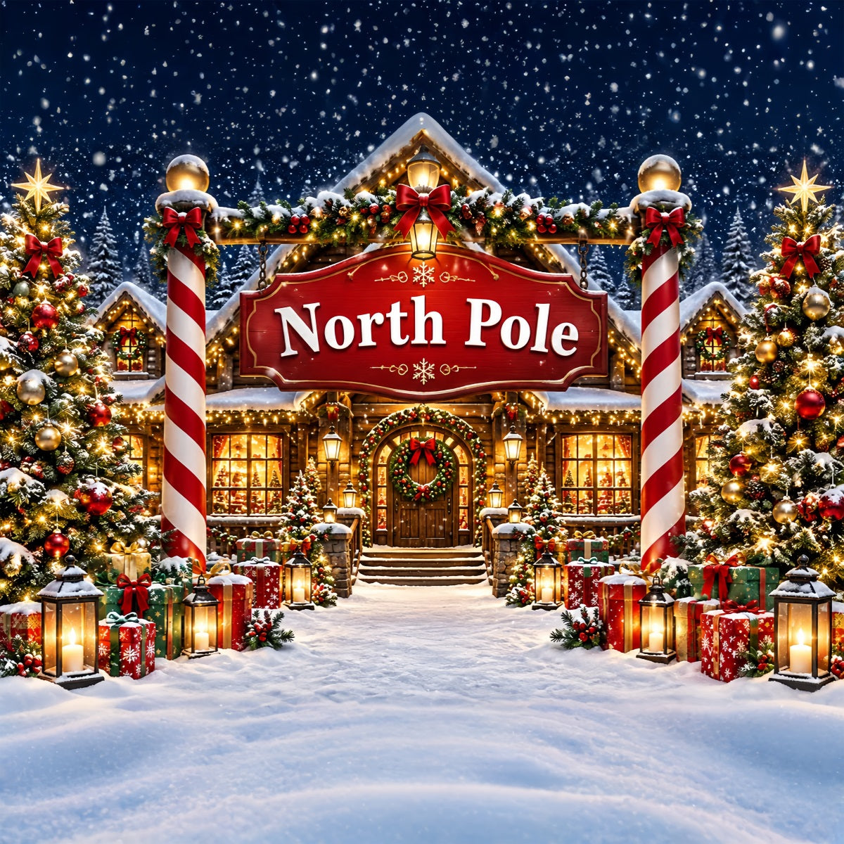 North Pole Photo Backdrop Snowy Cozy House Entrance Professional Christmas Backdrop UK ZTT610-36