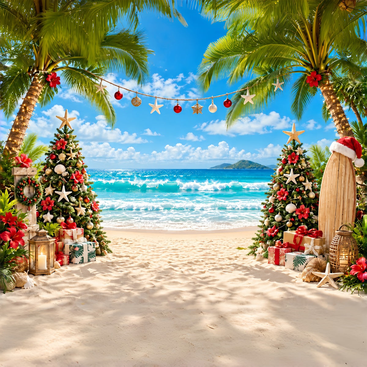 Tropical Christmas Backdrop Sea Beach Surfboard Tree Christmas Backdrops for Photos UK ZTT610-37