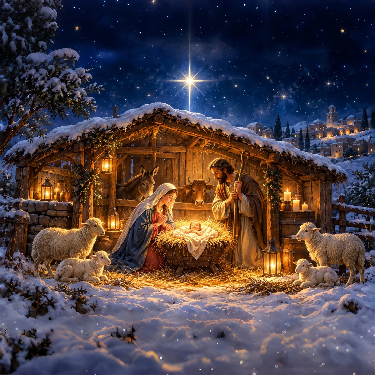 Nativity Scene Backdrop Starry Bethlehem Manger Stable Christmas Photo Backdrops UK ZTT610-4