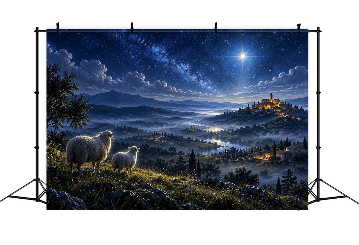Nativity Scene Backdrop Starry Bethlehem Hillside Sheep Christmas Backdrop Photography UK ZTT610-45