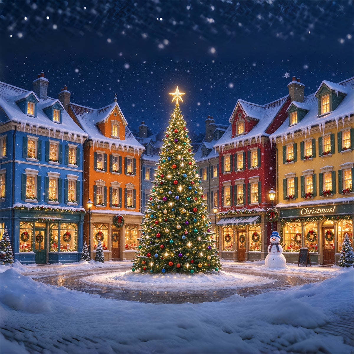 Christmas Town Backdrops Colorful Snowy House Tree Christmas Picture Backdrop UK ZTT610-47