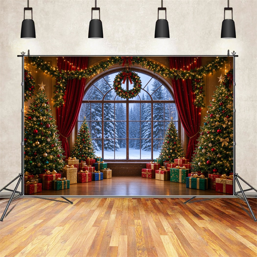 Christmas Backdrops Arched Window View Snowy Forest Christmas Backdrop for Photos UK ZTT610-5