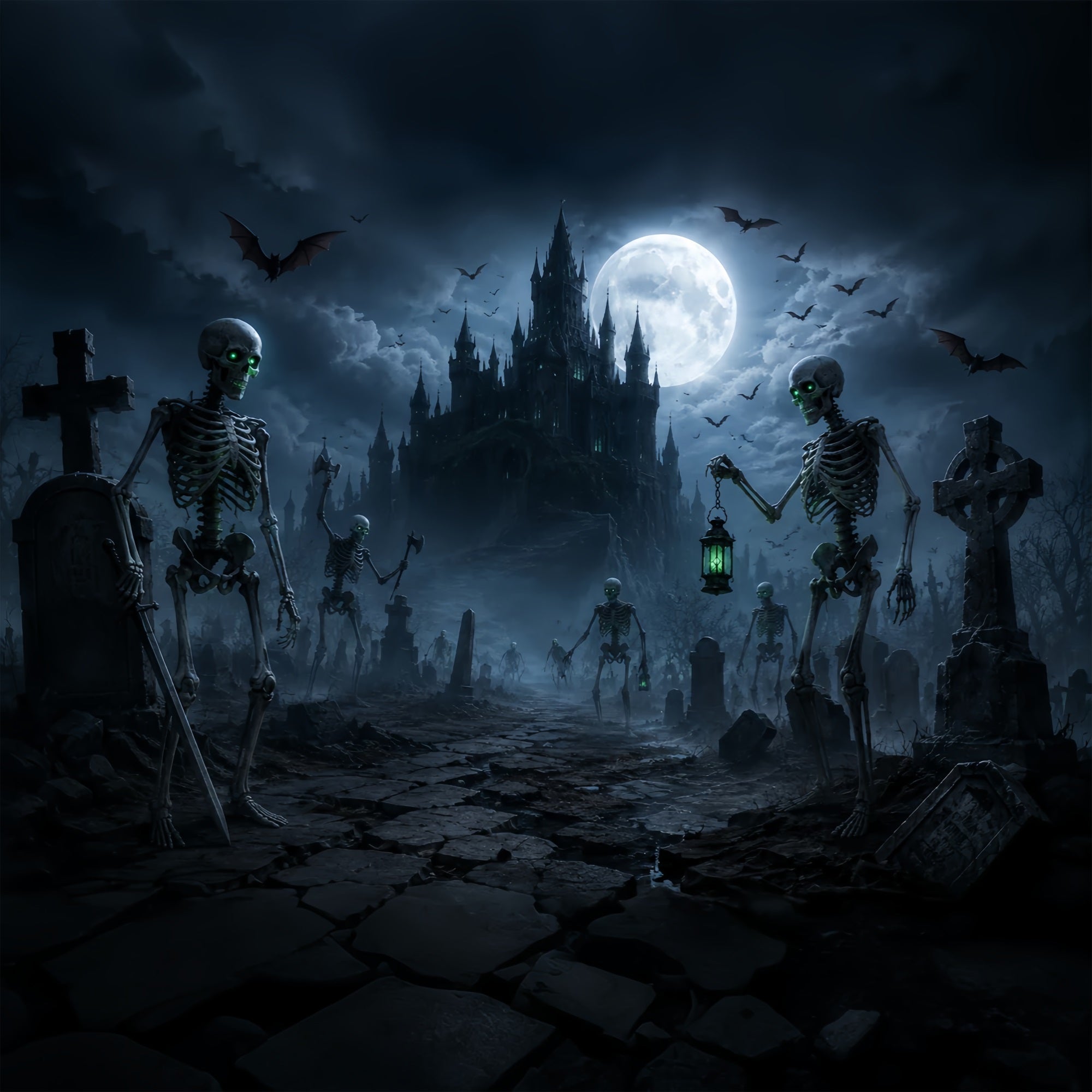 DIY Halloween Backdrop Ideas Moonlit Skeleton Castle Graveyard Scary Backdrops For Halloween UK ZTT67-1