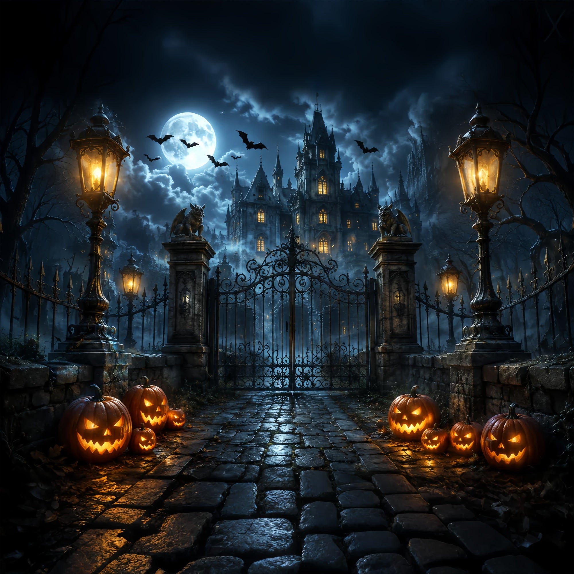 Halloween Backdrop Photography Gothic Castle Pumpkin Gateway Halloween Scary Backdrop UK ZTT67-12