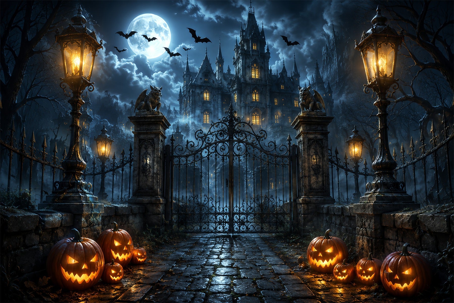 Halloween Backdrop Photography Gothic Castle Pumpkin Gateway Halloween Scary Backdrop UK ZTT67-12