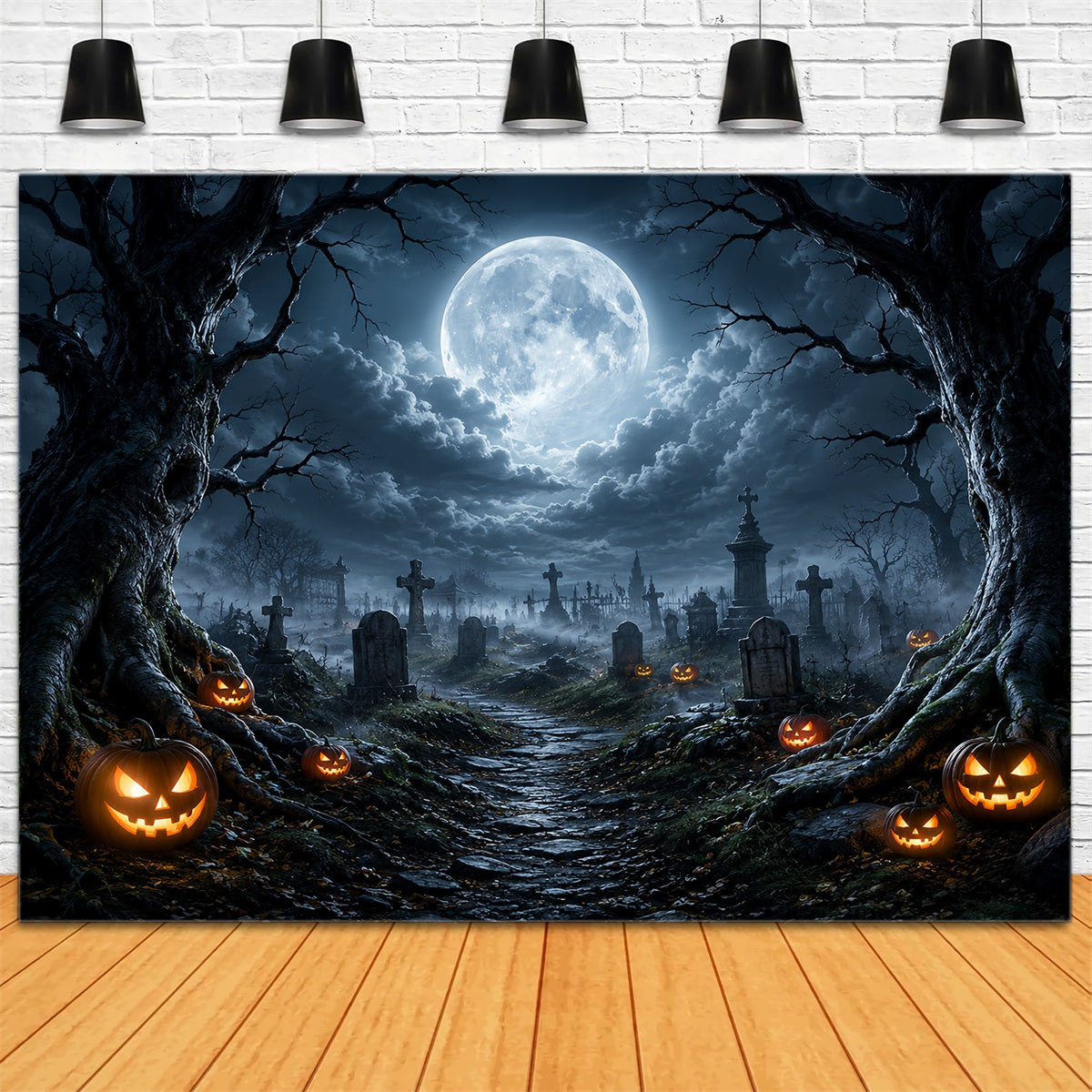 Halloween Cloth Backdrop Moonlit Pumpkin Cemetery Path Graveyard Halloween Backdrops UK ZTT67-13