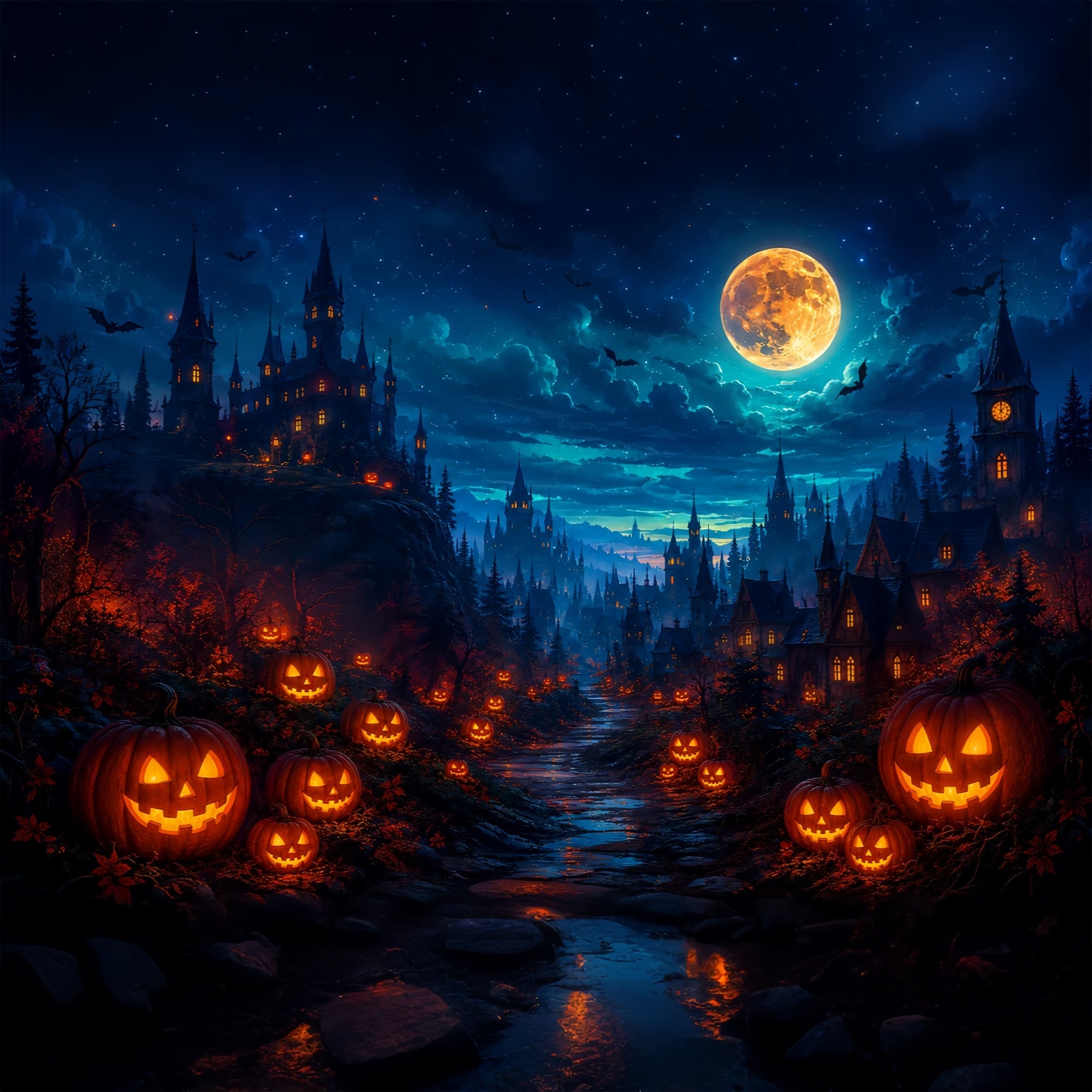 Halloween Party Photo Backdrop Ideas Glowing Pumpkin Castle Valley Creepy Halloween Backdrop UK ZTT67-15