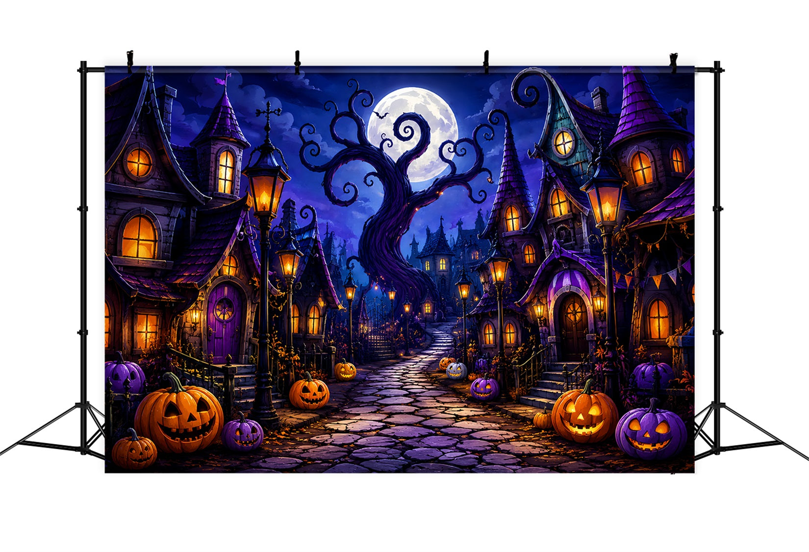 Halloween Scene Backdrop Whimsical Pumpkin Village Street Backdrop For Halloween UK ZTT67-16