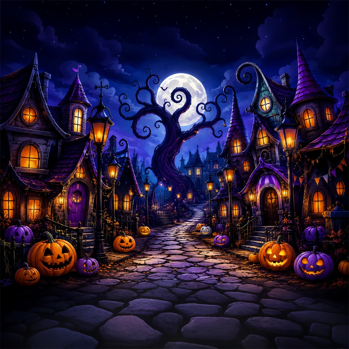 Halloween Scene Backdrop Whimsical Pumpkin Village Street Backdrop For Halloween UK ZTT67-16