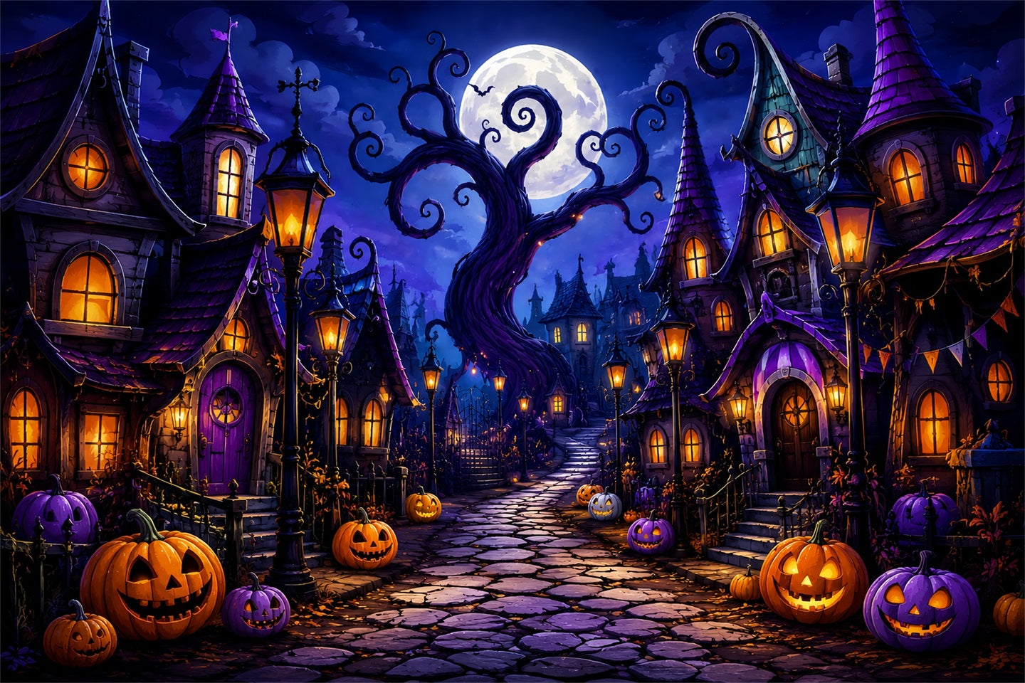 Halloween Scene Backdrop Whimsical Pumpkin Village Street Backdrop For Halloween UK ZTT67-16