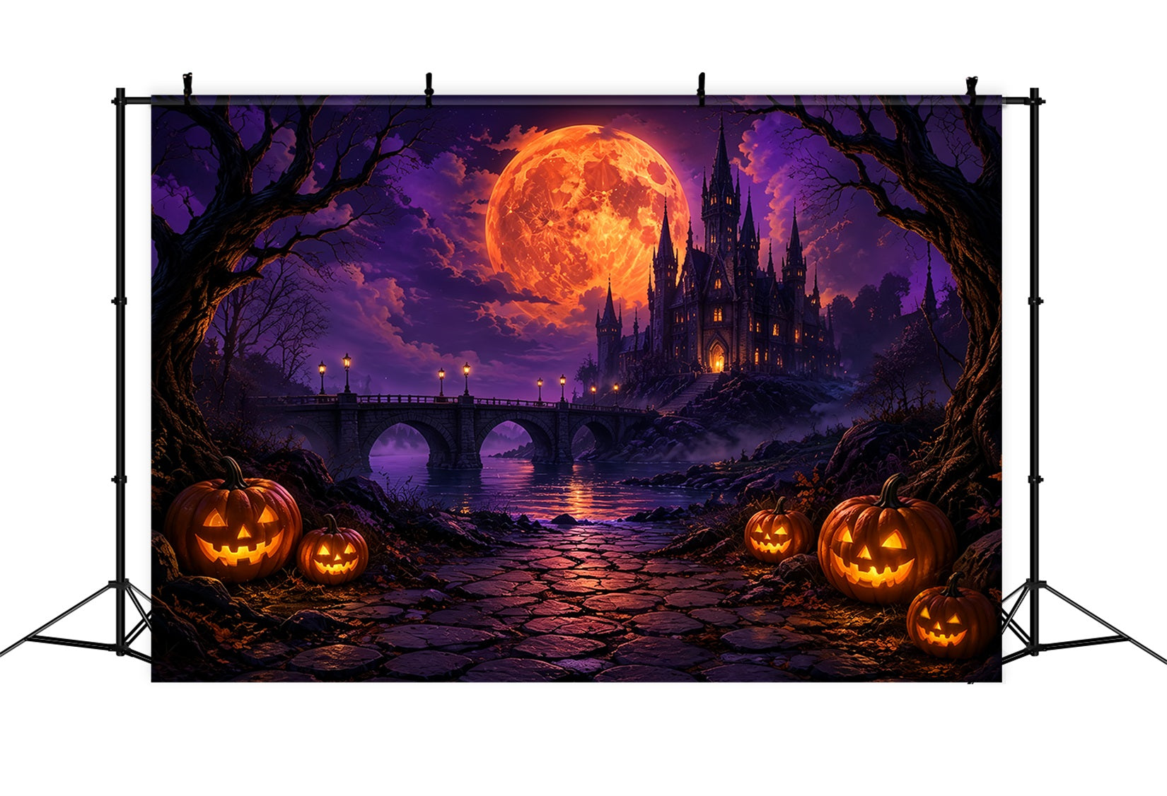 Scary Halloween Photo Backdrops Fiery Moon Gothic Castle Happy Halloween Backdrop UK ZTT67-17