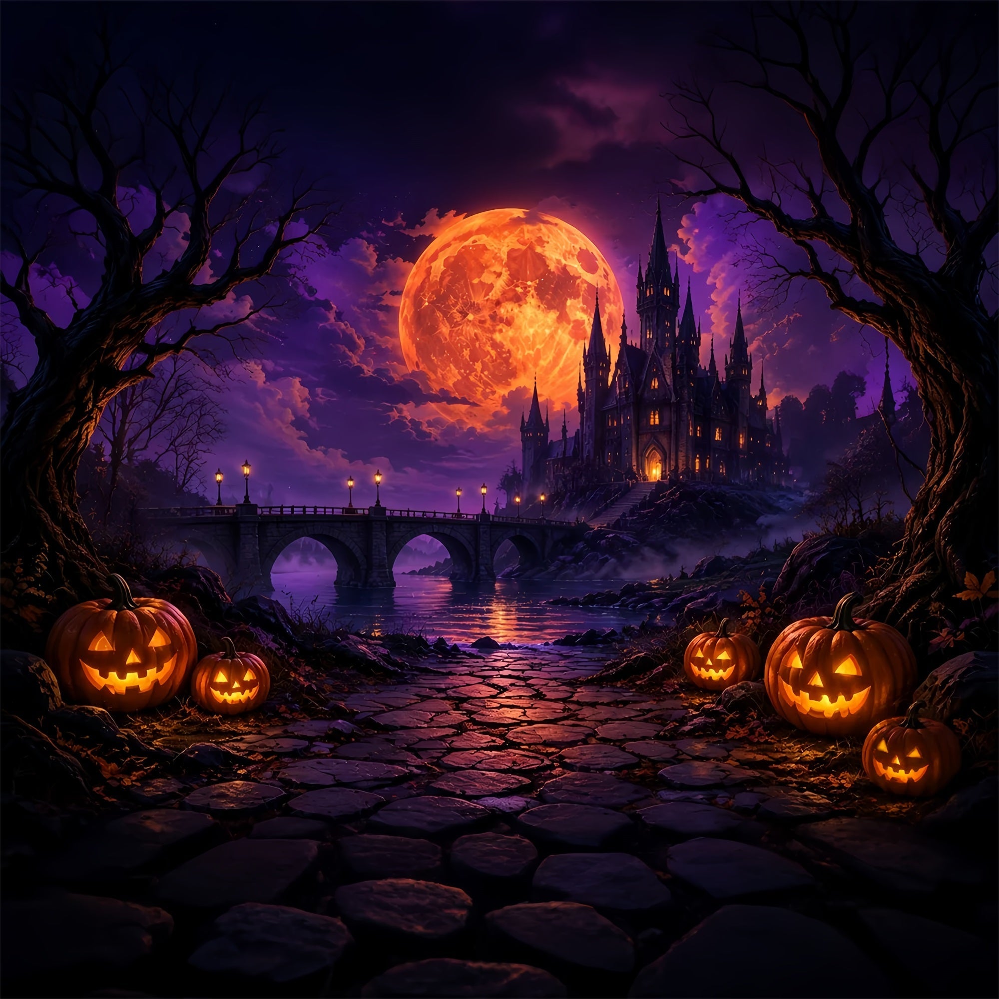 Scary Halloween Photo Backdrops Fiery Moon Gothic Castle Happy Halloween Backdrop UK ZTT67-17