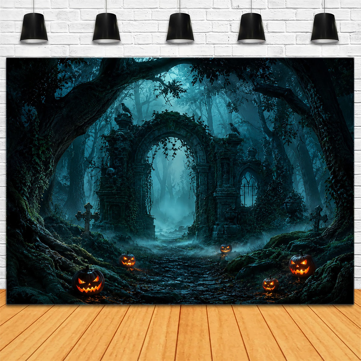 Halloween Forest Backdrop Foggy Pumpkin Woods Ruins Vintage Halloween Backdrop UK ZTT67-2