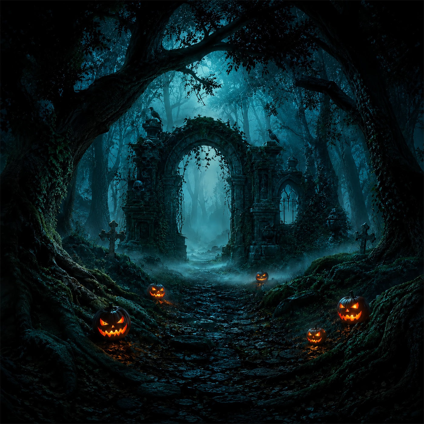 Halloween Forest Backdrop Foggy Pumpkin Woods Ruins Vintage Halloween Backdrop UK ZTT67-2