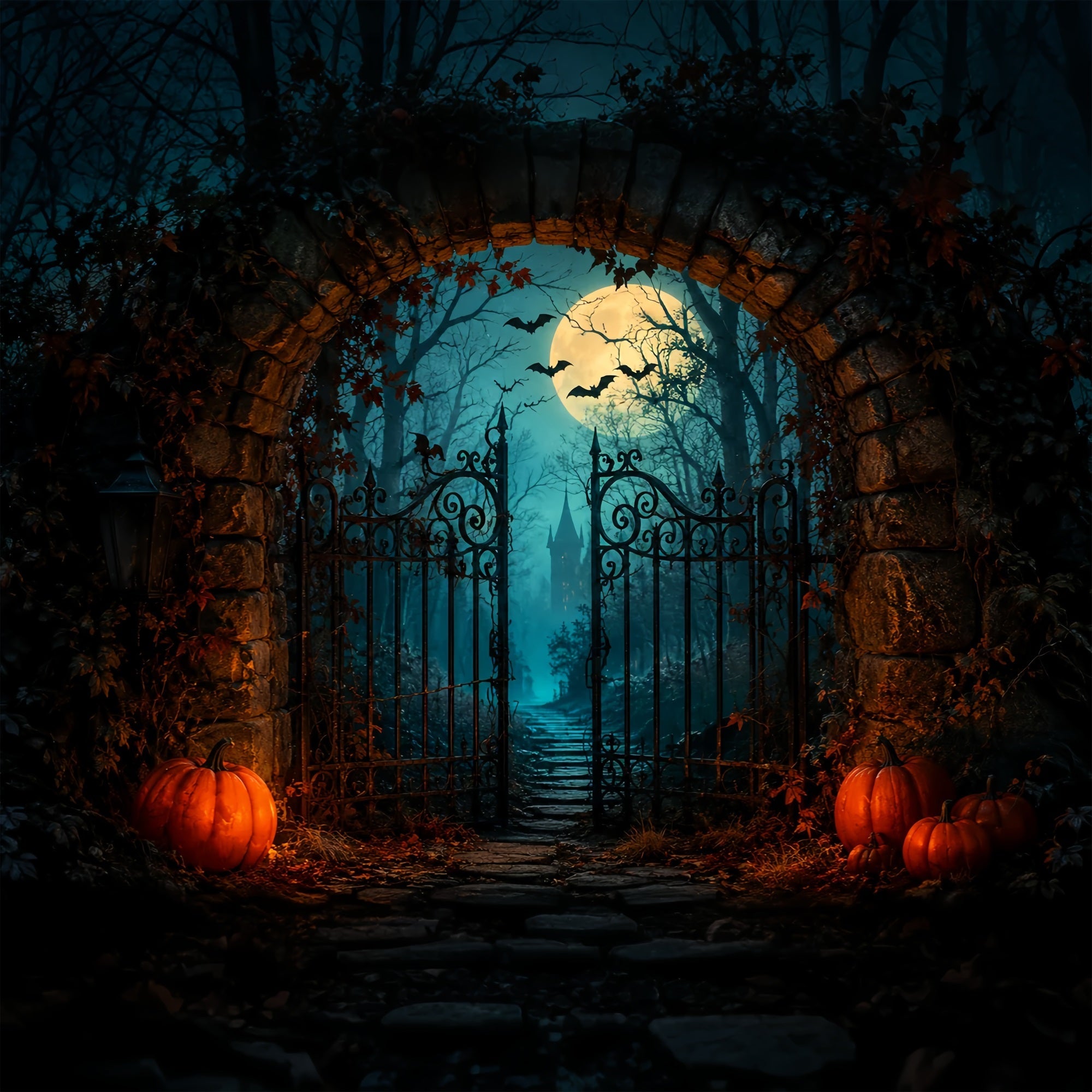 Halloween Themed Backdrops Moonlit Pumpkin Castle Gateway Halloween Backdrop Ideas UK ZTT67-25