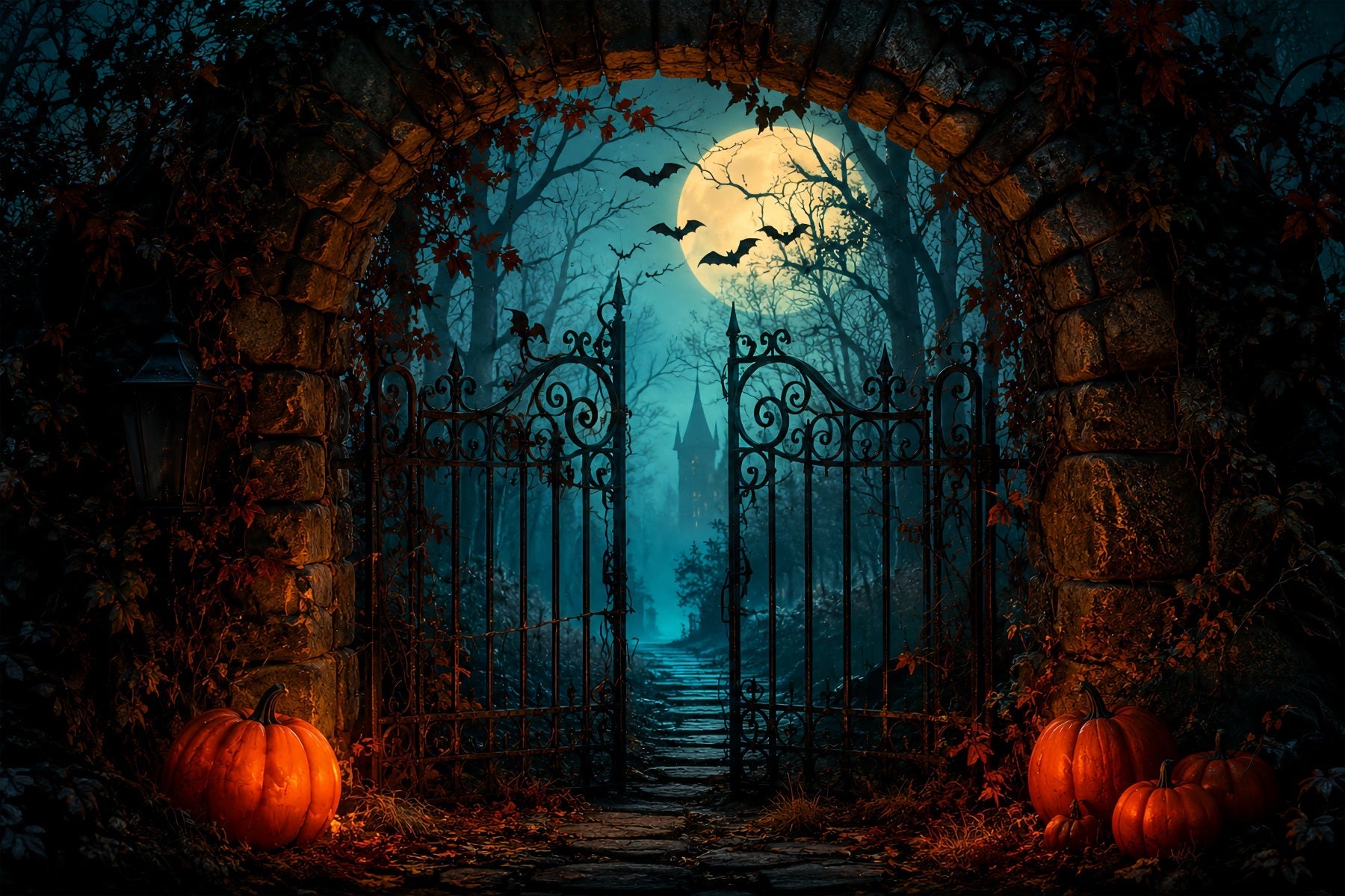 Halloween Themed Backdrops Moonlit Pumpkin Castle Gateway Halloween Backdrop Ideas UK ZTT67-25