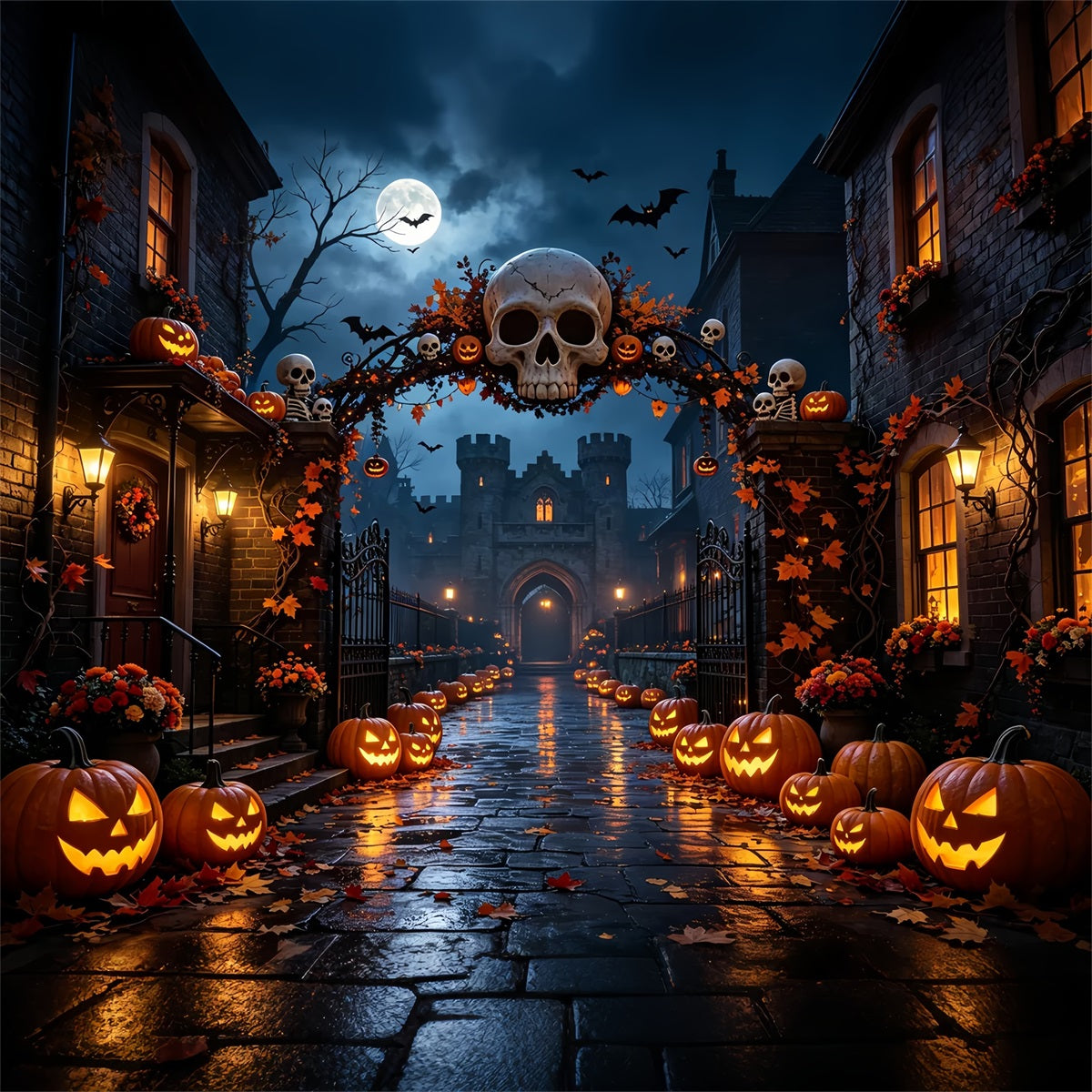 Halloween Party Backdrops Skull Arch Pumpkin Street Halloween Photo Booth Backdrop UK ZTT67-27