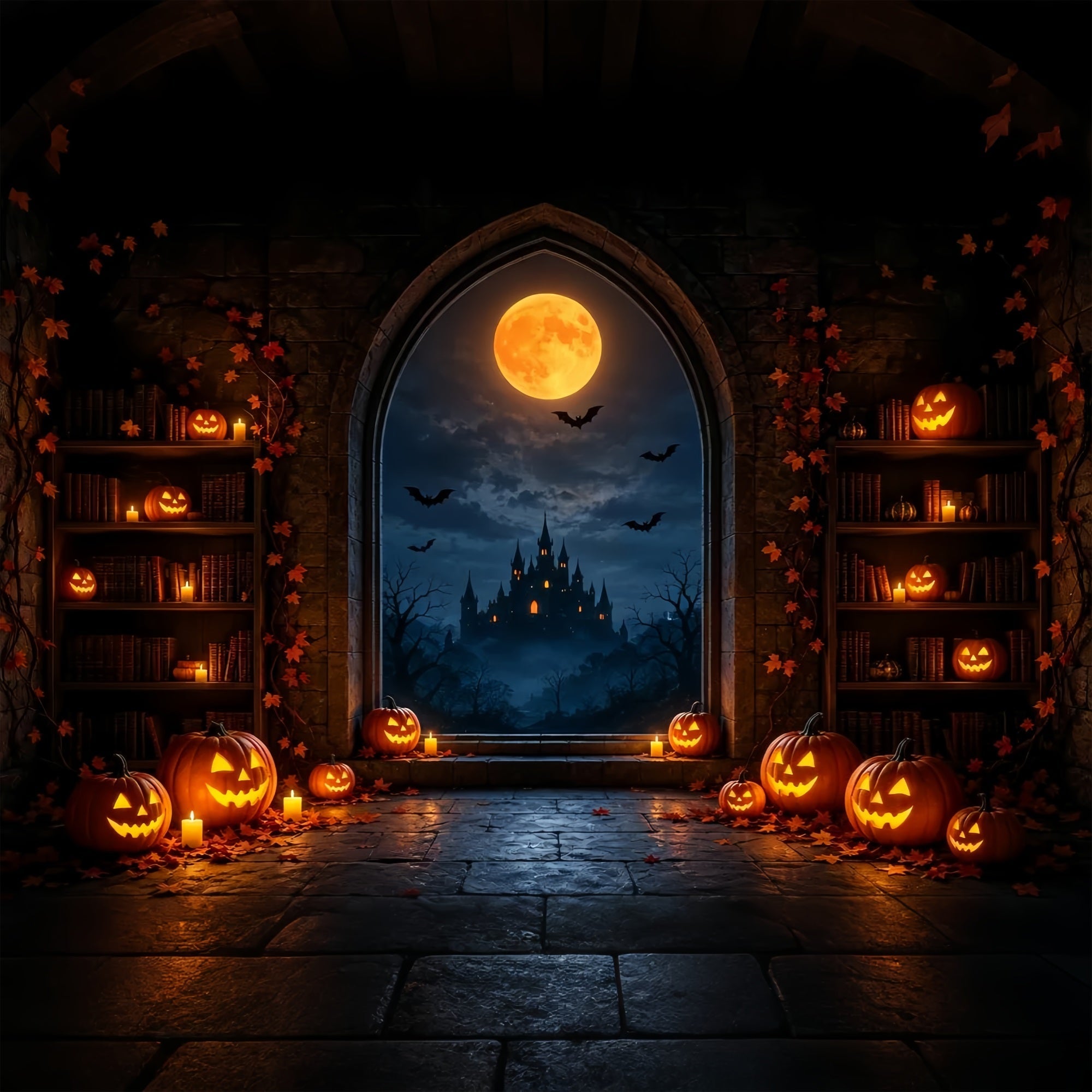 Halloween Moon Backdrop Pumpkin Library Castle Window Halloween Photo Backdrops UK ZTT67-28