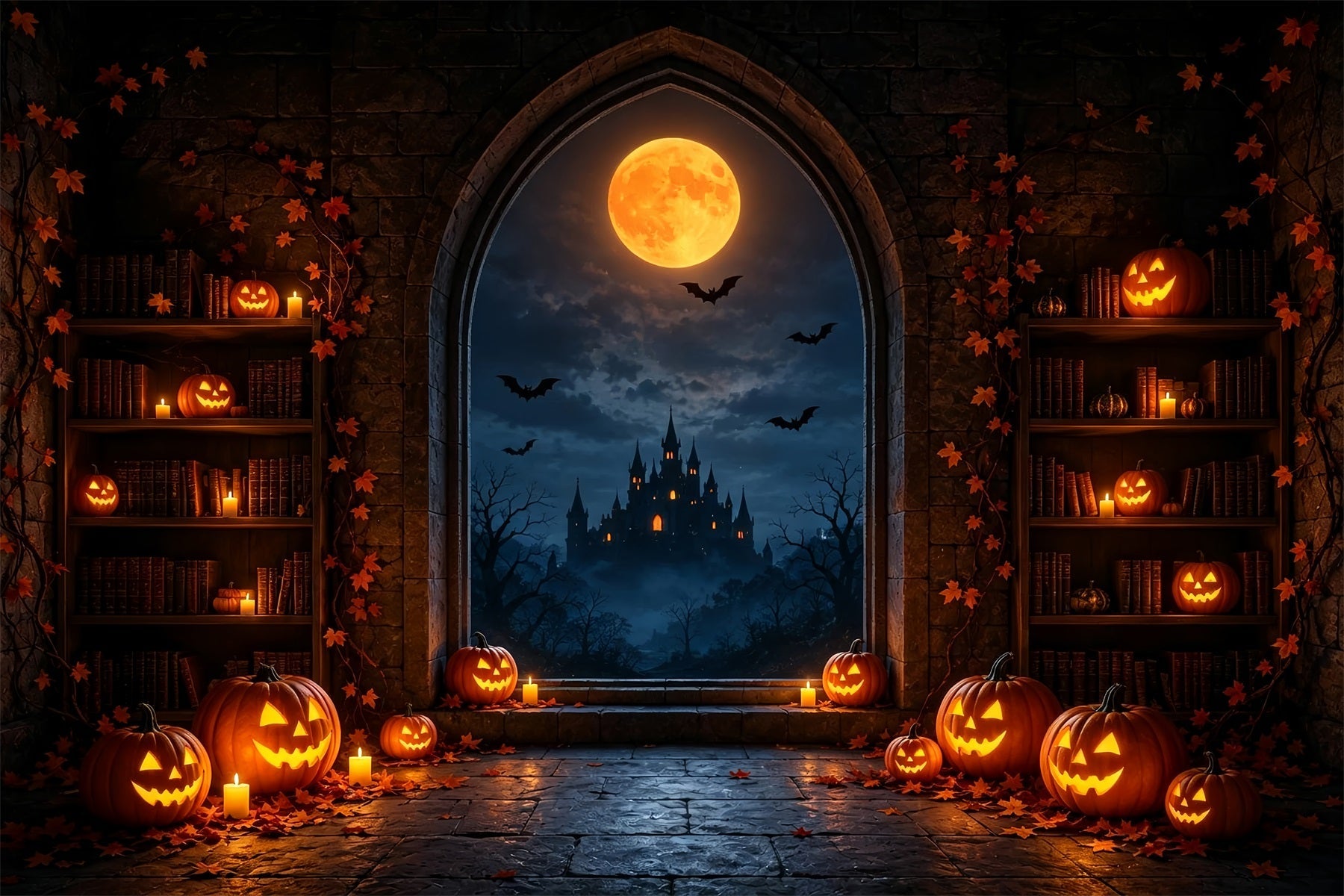 Halloween Moon Backdrop Pumpkin Library Castle Window Halloween Photo Backdrops UK ZTT67-28