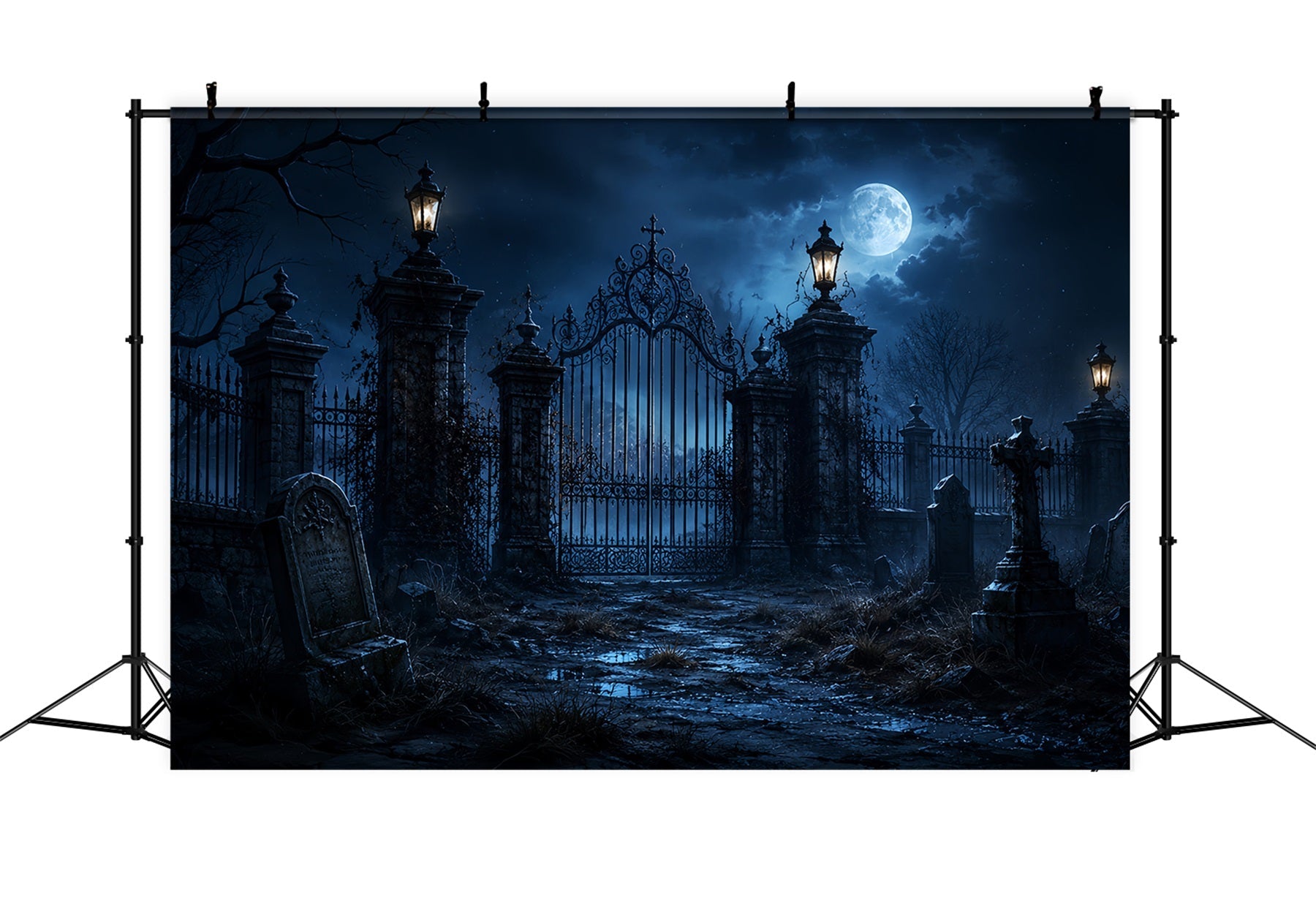 Outdoor Halloween Backdrop Moonlit Gothic Graveyard Gate Spooky Halloween Backdrop UK ZTT67-29