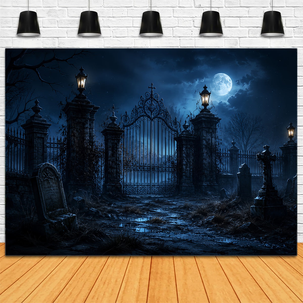 Outdoor Halloween Backdrop Moonlit Gothic Graveyard Gate Spooky Halloween Backdrop UK ZTT67-29
