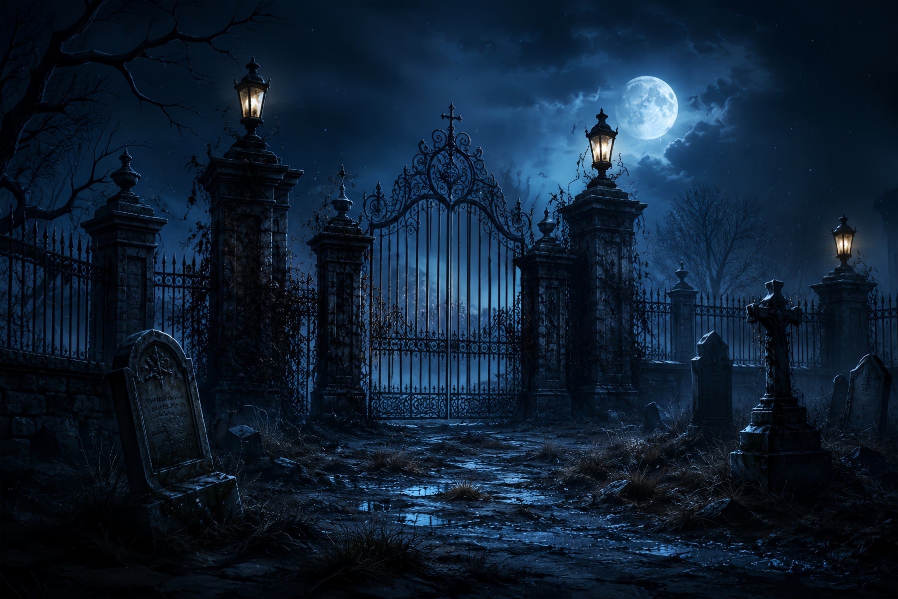 Outdoor Halloween Backdrop Moonlit Gothic Graveyard Gate Spooky Halloween Backdrop UK ZTT67-29