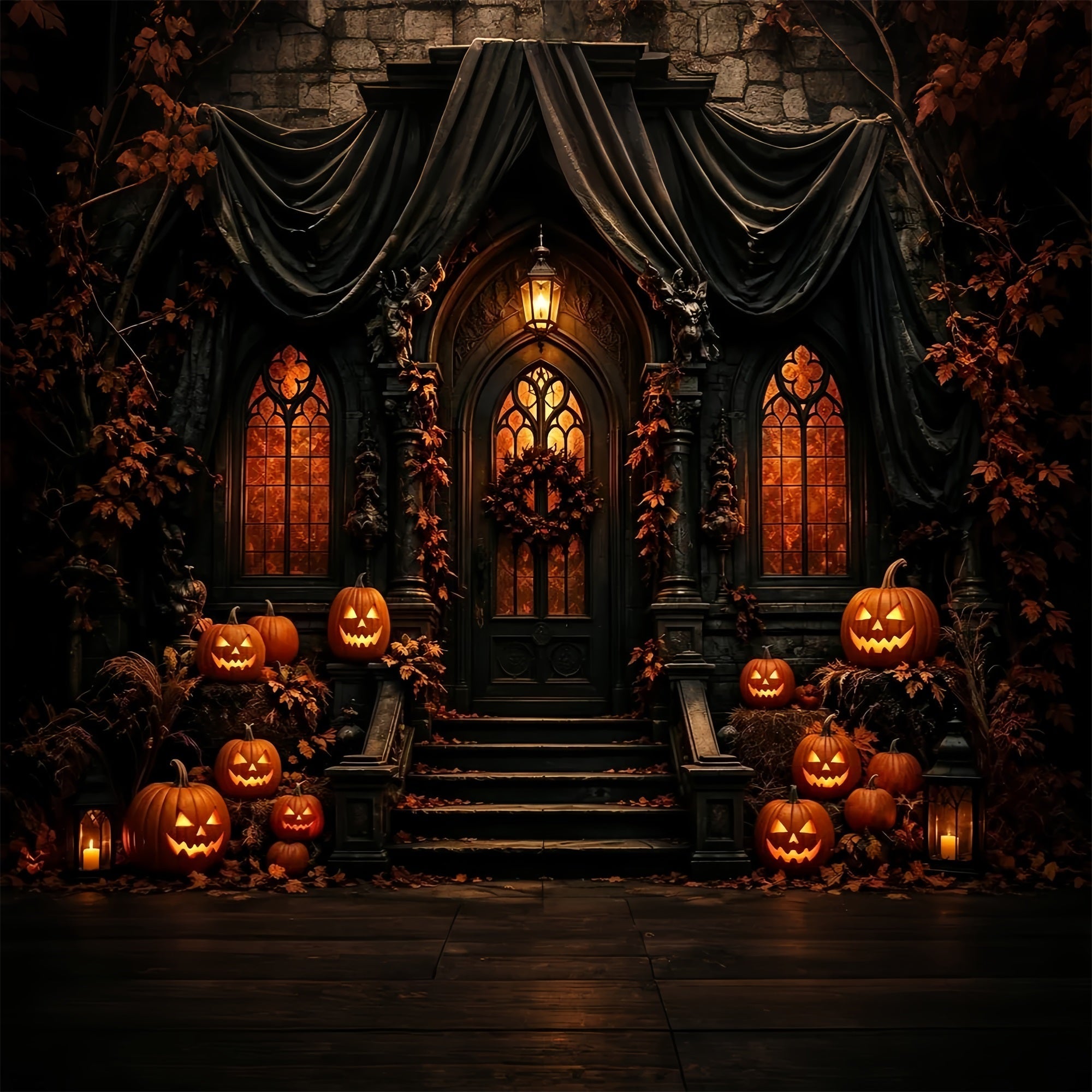 Halloween Backdrop Photo Gothic Pumpkin Mansion Entrance Halloween Party Backdrop UK ZTT67-30