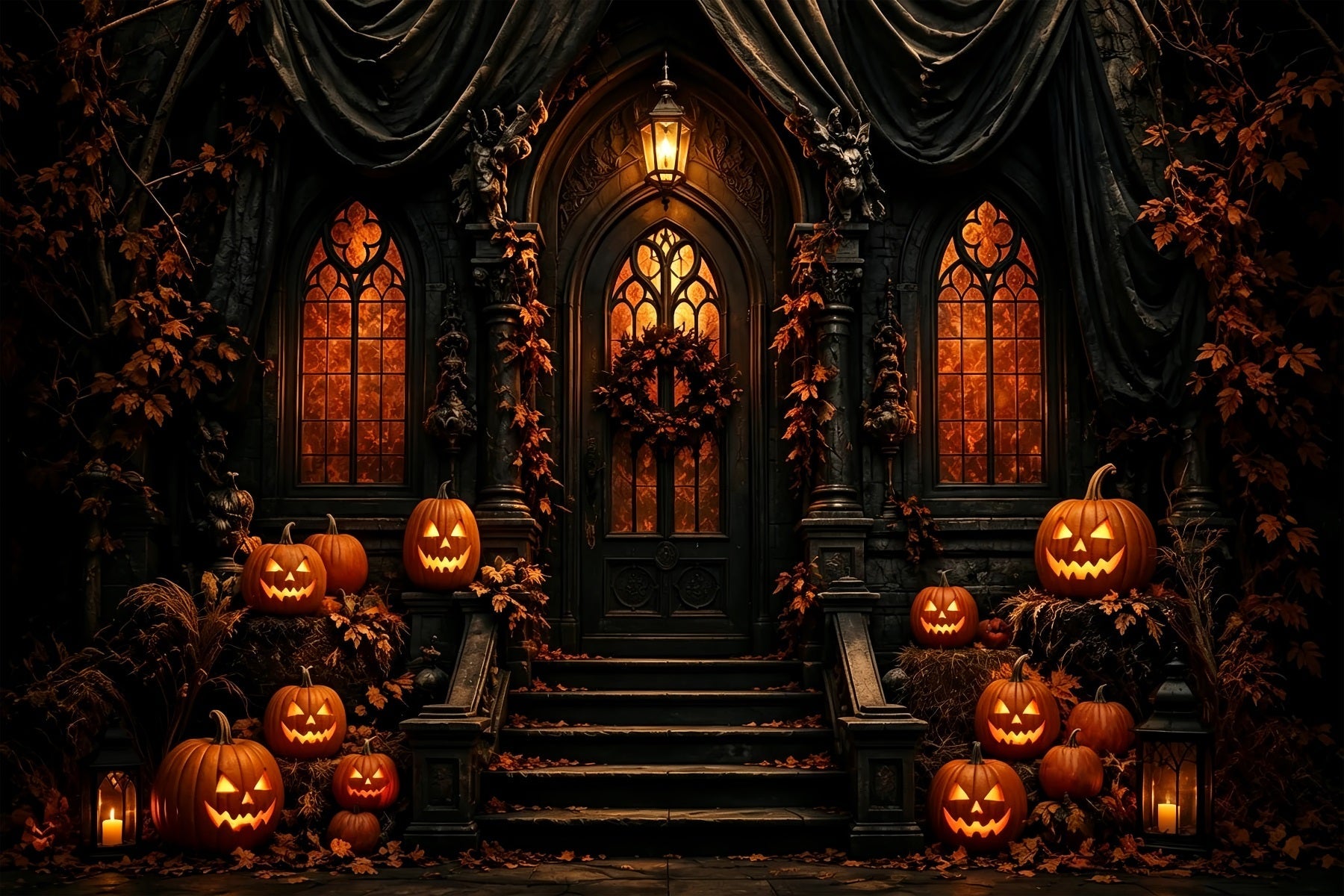 Halloween Backdrop Photo Gothic Pumpkin Mansion Entrance Halloween Party Backdrop UK ZTT67-30