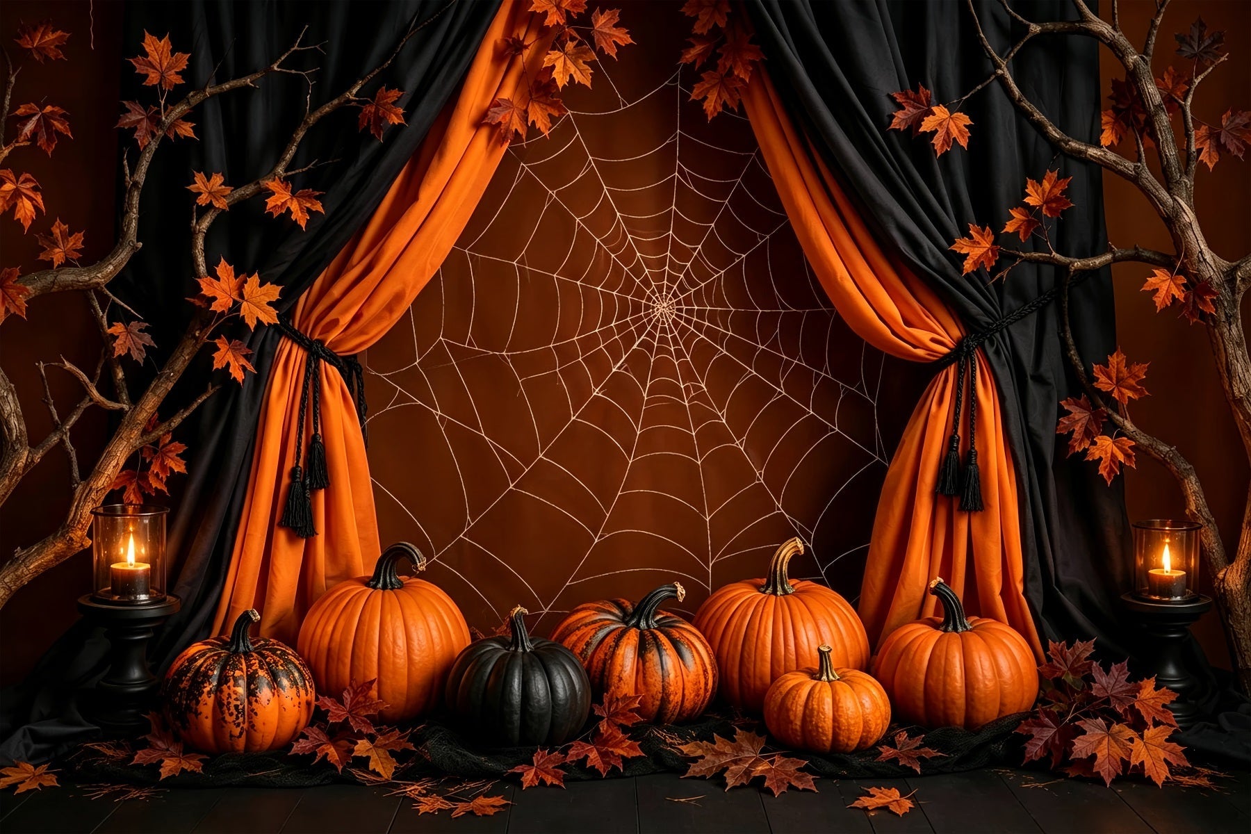 Halloween Pumpkin Backdrop Orange Spiderweb Pumpkin Drapery Halloween Photo Backdrop Ideas UK ZTT67-32