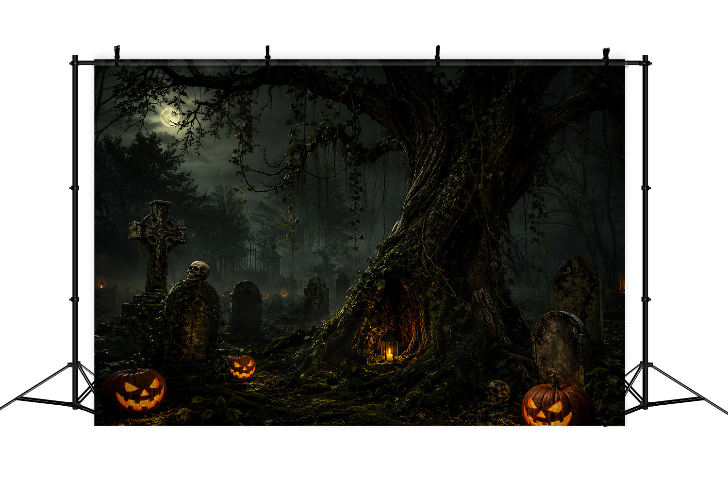 Custom Halloween Backdrop Moonlit Graveyard Pumpkin Tree Halloween Graveyard Backdrop UK ZTT67-34