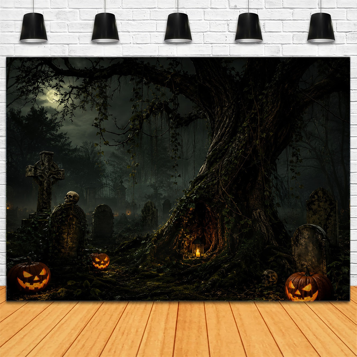 Custom Halloween Backdrop Moonlit Graveyard Pumpkin Tree Halloween Graveyard Backdrop UK ZTT67-34