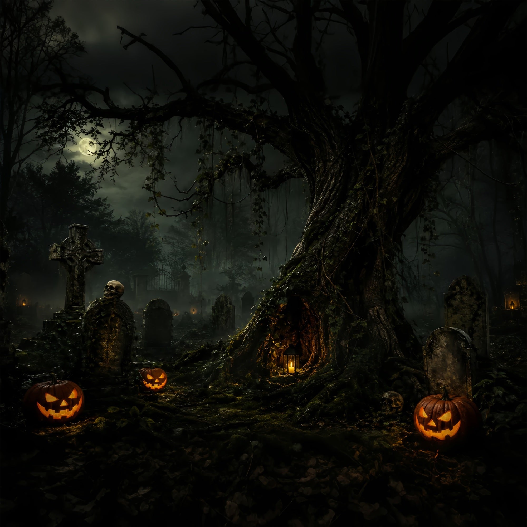Custom Halloween Backdrop Moonlit Graveyard Pumpkin Tree Halloween Graveyard Backdrop UK ZTT67-34